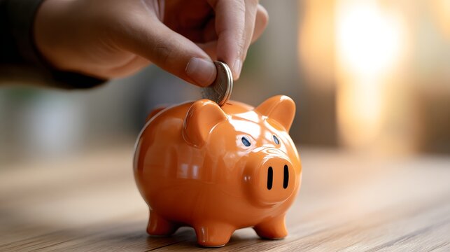 Human hand depositing a coin into a bright orange ceramic piggy bank