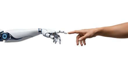 Robot and human hands about to touch, a modern Creation of Adam concept. Isolated on transparent background, png