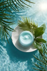 Blue Face Cream in Water with Palm Leaves and Sunlight Reflections