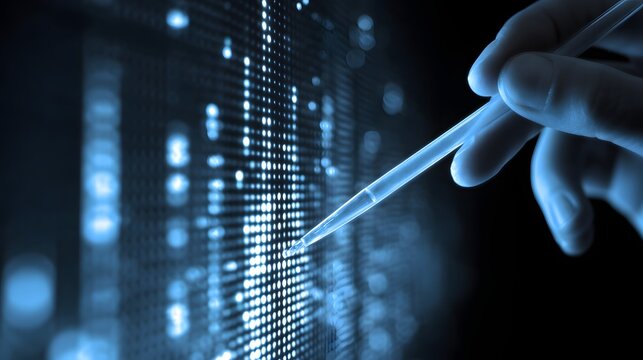 Scientist manipulates glowing digital data points using a precision laboratory instrument