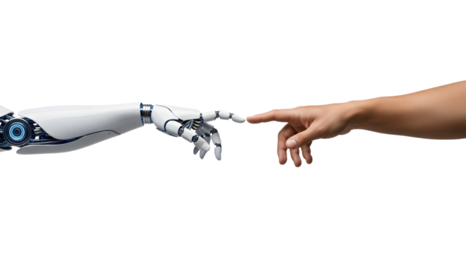 Robot and human hands about to touch, a modern Creation of Adam concept. Isolated on transparent background, png - Powered by Adobe