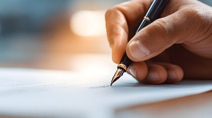 Human hand firmly grips elegant fountain pen to write upon light surface