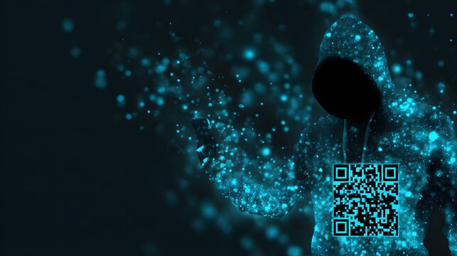 Digital figure in hooded garment glows with blue light particles while displaying a data matrix code on chest