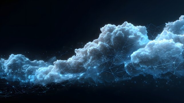 Illuminated digital data network flows through volumetric atmospheric formations against a dark background