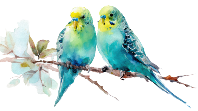 This is a watercolor illustration of a budgerigar, also known as a budgie or parakeet on white background 