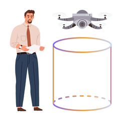 Man examines paper standing beside a flying surveillance quadcopter above a glowing holographic 3D cylinder. Ideal for technology, innovation, data visualization, business, analysis, communication