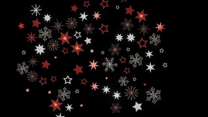 Festive holiday background with red and white stars and snowflakes on black. Perfect for Christmas cards, invitations, and winter designs.