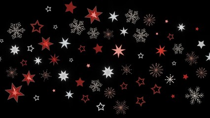 Festive winter design with red and white stars and snowflakes on a black background. Perfect for holiday cards, banners, and more.