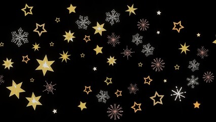 Beautiful winter holiday background with gold stars and snowflakes on black. Perfect for Christmas, New Year's, and winter celebrations.