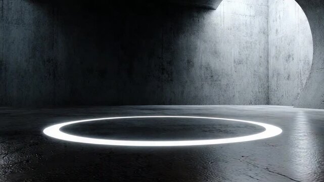 Minimalist Modern Concrete Space: A dramatic interplay of light and shadow defines a raw concrete room, a radiant illuminated circle on the floor draws the eye, suggesting focus and anticipation.