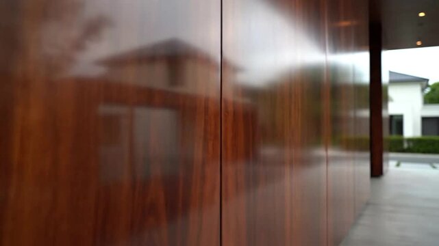 Glossy Dark Wood Facade with Building Reflection for Architectural Background