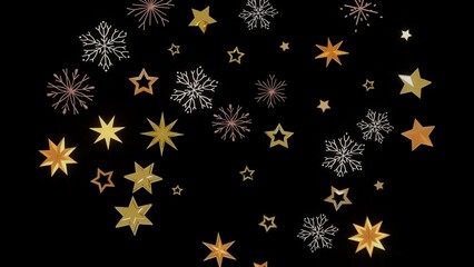 Festive holiday background with gold stars and snowflakes on black. Perfect for Christmas, New Year, winter themes.