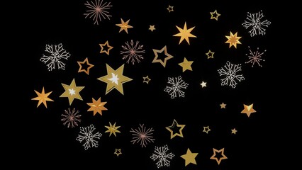 Beautiful winter holiday background with gold stars and snowflakes on black. Perfect for Christmas cards, invitations, and more!