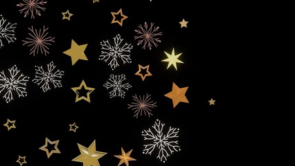 Elegant winter design with gold stars and snowflakes on black background. Perfect for holidays.