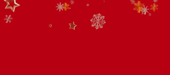 Christmas background features red with golden stars and snowflakes, perfect for holiday greetings and festive designs. Evokes joy and