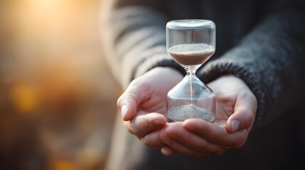Person gently holds small glass hourglass measuring the flow of sand in warm light