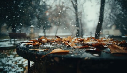 Close-up of Fallen Autumn Leaves on a Stone Surface with Snowflakes in a Winter Park
