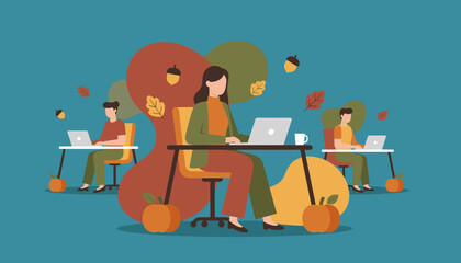 Flat design illustration of coworkers using laptops surrounded by fall leaves pumpkins and acorns