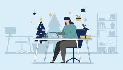 Employee working in a Christmas decorated office Holiday business and remote work concept