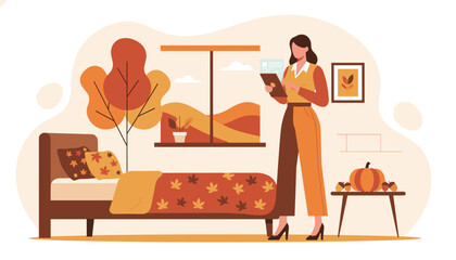 Cozy autumn home setting Woman checks smart device while relaxing in fall colors