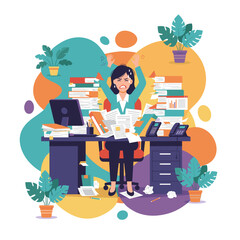 Angry office worker buried in paperwork Concept of stress workload and burnout