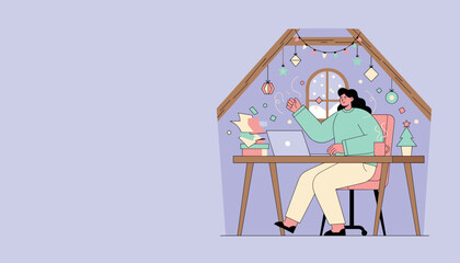 Woman working remotely in a festive attic office during winter celebrating success and productivity