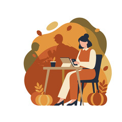 Remote work concept woman using tablet and phone in cozy autumn cafe surrounded by pumpkins