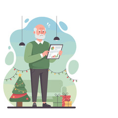 Worried senior man reviews financial data on tablet during stressful holiday spending