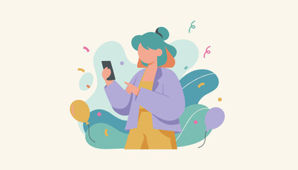 Woman uses phone amid colorful celebration graphics messaging or social media activity