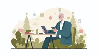 Senior man working on laptop and phone during the Christmas holidays Remote business concept