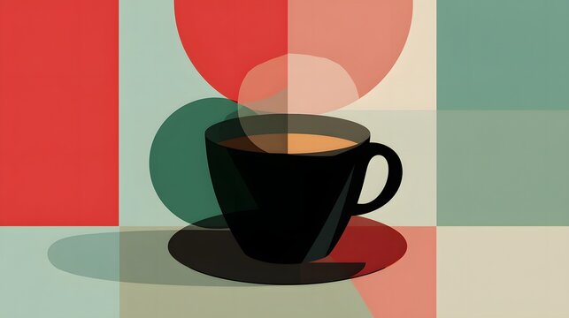 Stylized illustration features a dark beverage container set against a background of overlapping geometric shapes