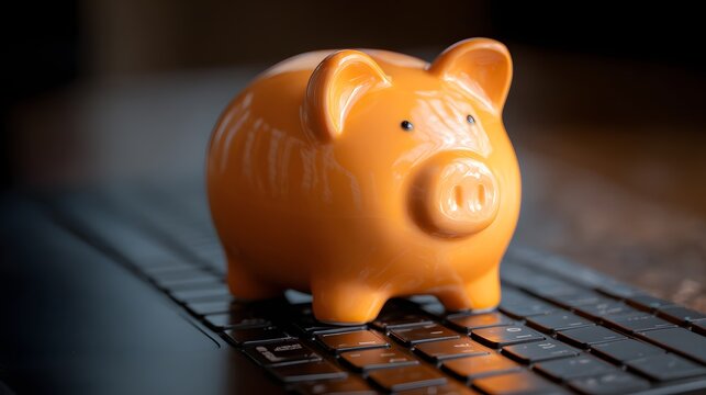 Glossy orange ceramic coin bank rests upon a dark electronic device keyboard