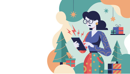 Frustrated woman uses a tablet near Christmas trees and gifts illustrating holiday tech stress