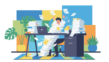 Cartoon worker drowning in paper tornado Excessive workload stress and bureaucracy concept