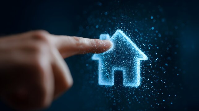 Human finger interacting with a glowing digital representation of a dwelling against a dark background