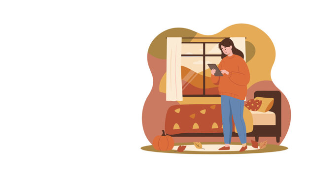 Woman in cozy sweater uses tablet near window during autumn illustrating fall relaxation and technology