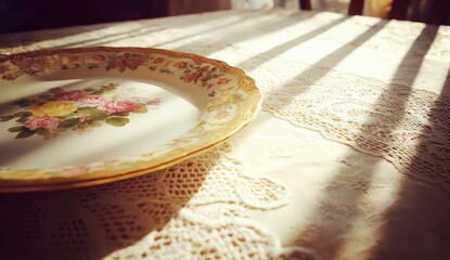 Close Up of Floral Decorated Plate on Textured White Lace Tablecloth Lit by Sunlight