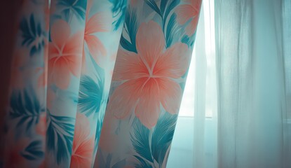 Close Up of Floral Patterned Curtain with Peach and Teal Flowers in Front of a Window