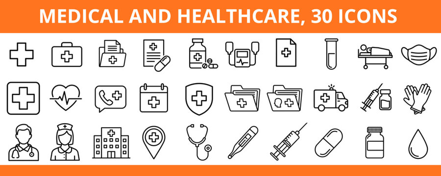 Medical and healthcare icons in flat design style on orange background  