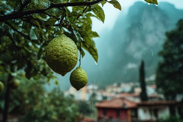 Close Up of Green Citrus Fruit Hanging from a Branch in a Rainy Mountainous Landscape