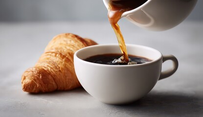Close Up View of Coffee Poured Into White Mug Beside Croissant on Textured Surface