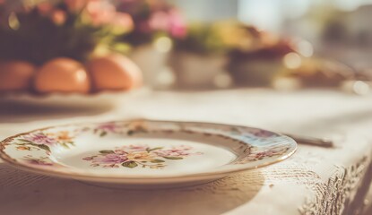Close Up Of Floral Decorated Plate On Table With Eggs And Blurred Flowers In Sunlight
