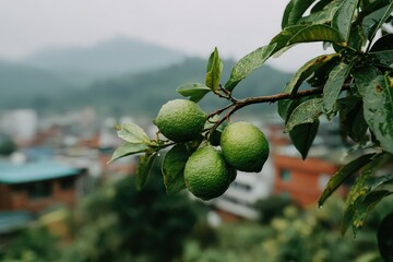 Close-Up Of Green Citrus Fruits On Tree Branch With Leaf And City Background In Misty Daylight