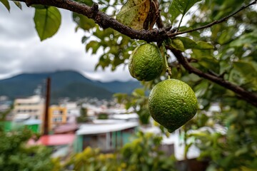 Close-Up Of Green Citrus Fruits Hanging From A Branch With Cityscape In Background