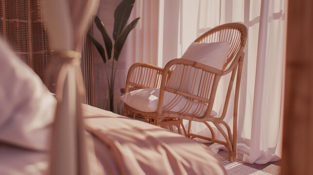 Bright Natural Light Illuminates Wicker Rattan Lounge Chairs Near Window in Cozy Living Space