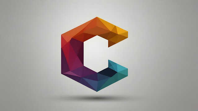 A colorful, abstract, geometric letter 'C' logo design with a gradient of vibrant hues against a soft gray background, symbolizing creativity and modern design principles