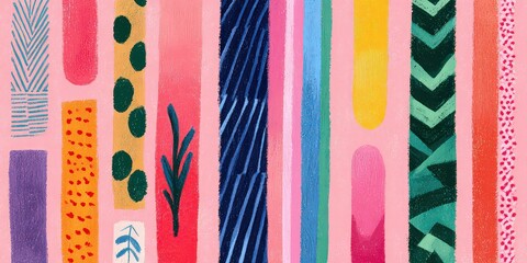 Abstract Pattern Of Vertical Colorful Lines With Various Shapes Over Pink Background