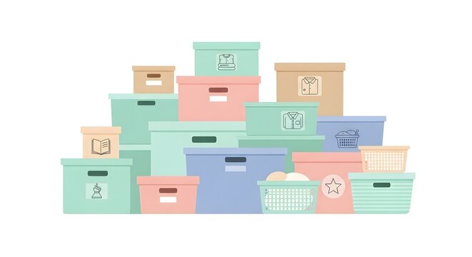 Stack of colorful storage boxes with icons for clothes, books, and chess pieces