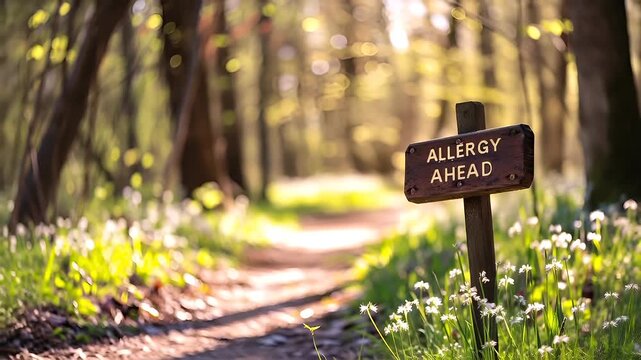 Spring pollen season. Allergy. A closeup of a wooden signpost amidst a forest setting. The sign reads ALLERGY AHEAD. The sign is brown with white lettering.