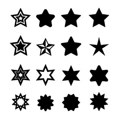 Collection of sixteen star icons in black and white, showcasing various shapes, styles, and designs.